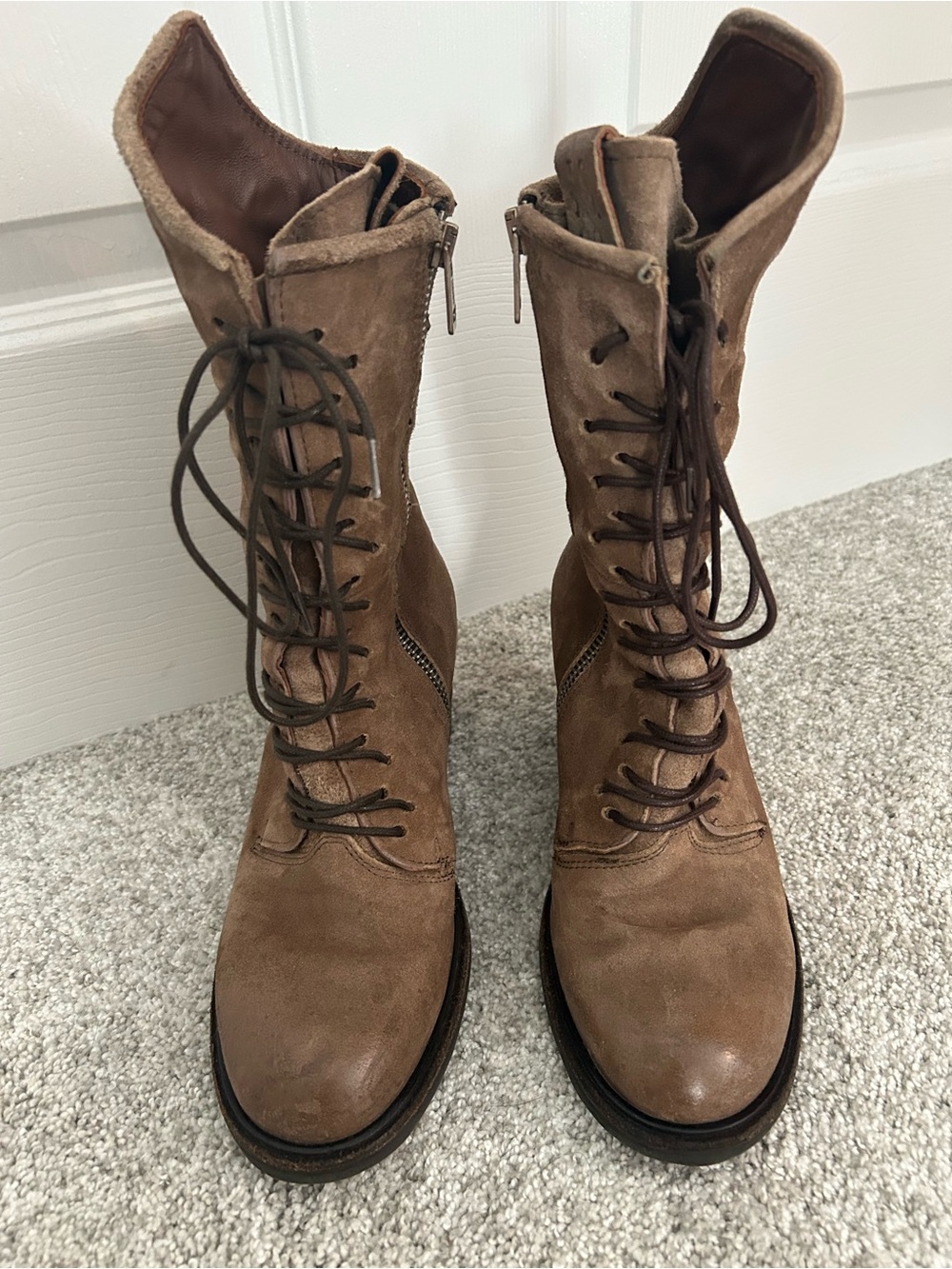A.S.98 Jasper Brown Lace-Up Leather Mid-Calf Boots with Side Zipper in Tobacco